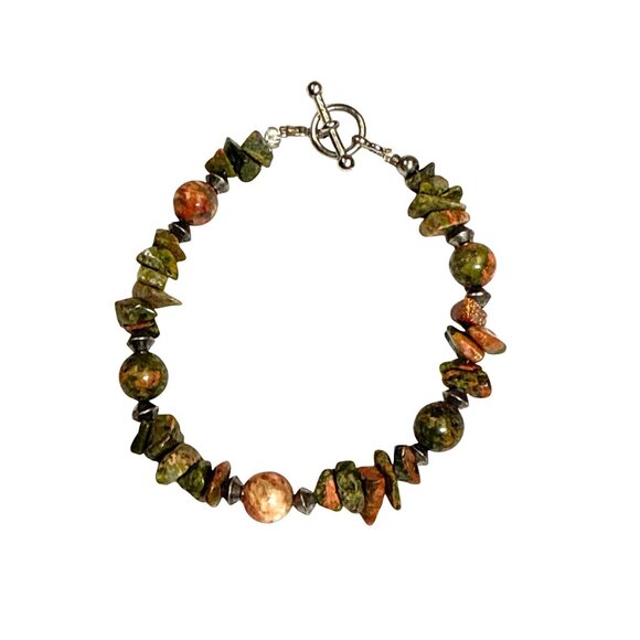 Unakite Gemstone Bracelet Chip & Round Beads w/ Copper Accents 8" Toggle - Picture 7 of 8